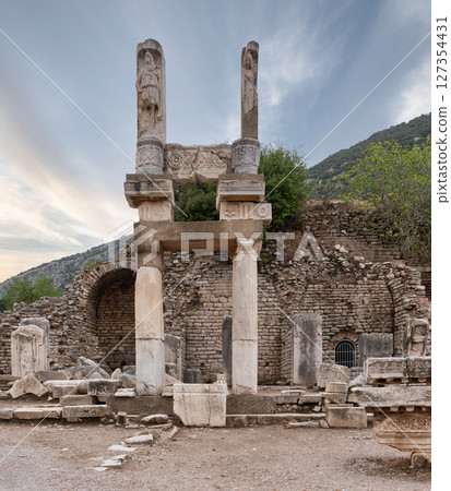 Ruins of the temple of Domitian showcasing ancient architecture in Ephesus, Seluk, Izmir Province, Turkey Ruins of the temple of Domitian showcasing ancient architecture in Ephesus, Seluk, Izmir Province, Turkey 127354431