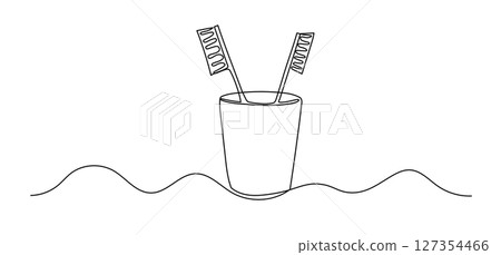Toothbrush in glass, one line hand drawn illustration in doodle style. Vector line art 127354466