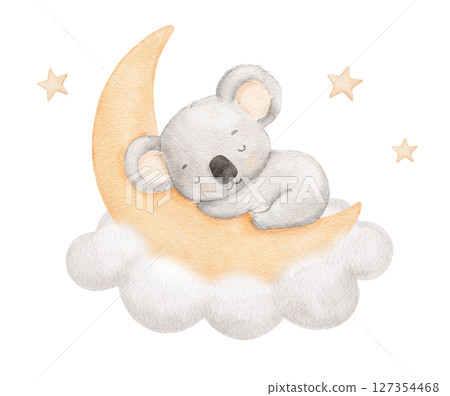 Watercolor cute koala sleeping on moon in cloud with stars, watercolor hand drawn illustration for kids, painted drawing with isolated background Watercolor cute koala sleeping on moon in cloud with stars, watercolor hand drawn illustration for kids, painted drawing with isolated background 127354468