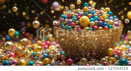 Luxury Golden Bowl Filled with Colorful Sparkling Beads Festive 3d art gems rich shiny image bright Luxury Golden Bowl Filled with Colorful Sparkling Beads Festive 3d art gems rich shiny image bright 127354529