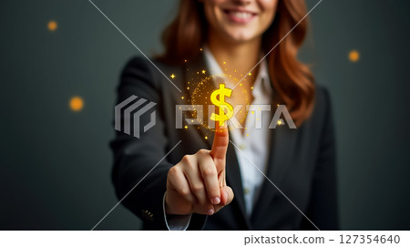 Businesswoman using magic touch to create dollar symbol with sparks in a corporate setting 127354640