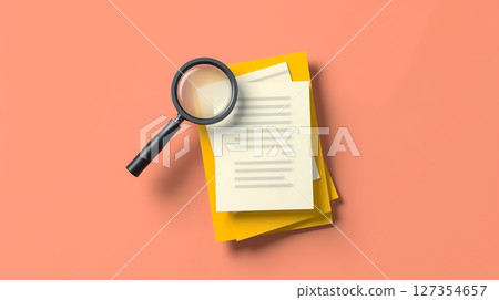 Documents stacked on a peach background with a magnifying glass highlighting text 127354657