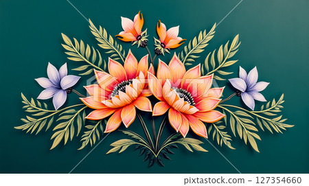 Colorful floral arrangement featuring orange and purple flowers on a deep green background with detailed leaves 127354660