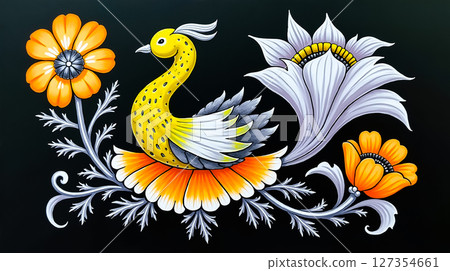 Colorful floral design featuring a stylized bird and vibrant flowers on a dark background Colorful floral design featuring a stylized bird and vibrant flowers on a dark background 127354661