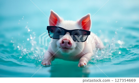 Pig in sunglasses enjoying a swim in a pool on a sunny day 127354669
