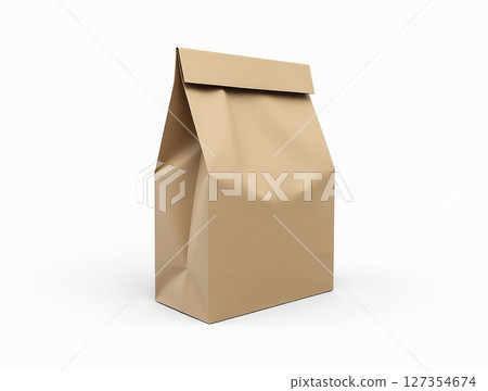 Brown paper bag ready for packaging food on a clean white background in a minimalistic setting 127354674