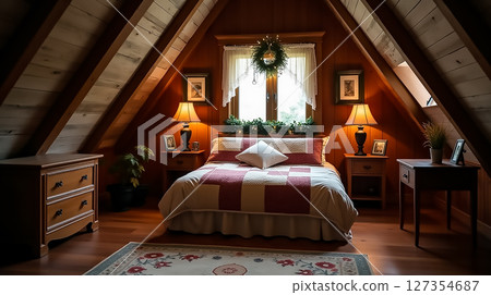 Cozy attic bedroom with natural wood accents and warm lighting, inviting relaxation and comfort for quiet nights 127354687