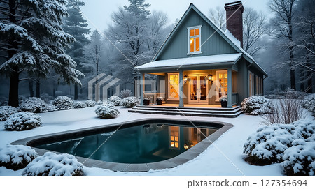 Cozy winter retreat featuring a charming house surrounded by snow-covered trees and a serene pool under a gray sky 127354694