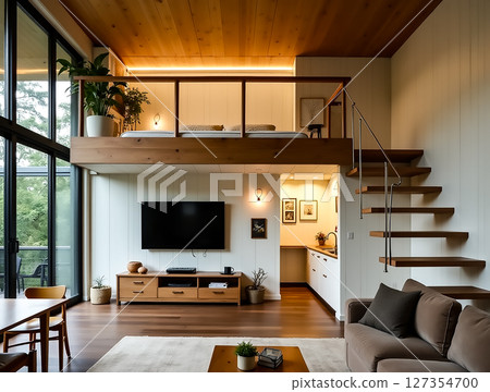 Cozy modern living space with loft and wooden accents showcasing minimalist design and natural light 127354700
