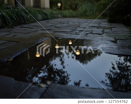 Evening Stone Path Puddle Reflection Lights Warm Glow Dark Calm Soft Mood Night Quiet Still Water 127354762