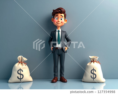 Cartoon character in business attire standing between money bags on a blue background 127354998