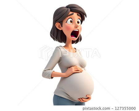 Woman showing surprise and concern about her pregnancy in a lighthearted animated style Woman showing surprise and concern about her pregnancy in a lighthearted animated style 127355000