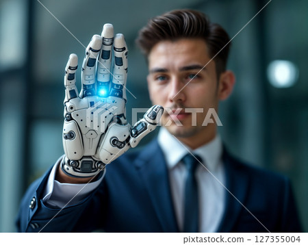A man in a suit showcasing a futuristic robotic hand with a glowing light in an office setting during the daytime A man in a suit showcasing a futuristic robotic hand with a glowing light in an office setting during the daytime 127355004