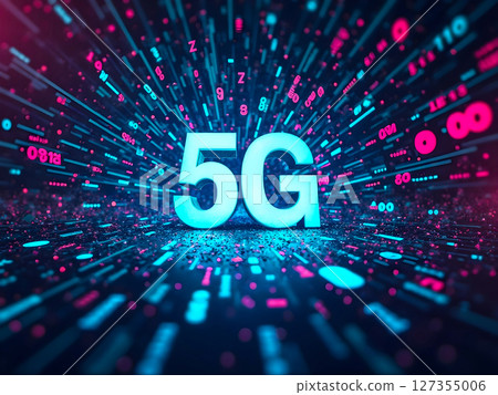 Digital representation of 5G technology with bright blue and pink numbers and symbols in a futuristic setting 127355006