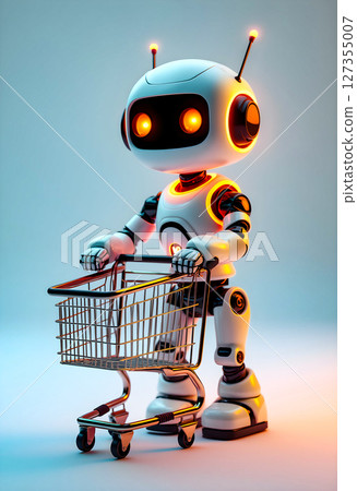 Robot with glowing eyes pushing shopping cart in futuristic setting 127355007