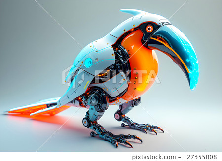 Futuristic robotic bird with intricate design and glowing elements in a neutral background Futuristic robotic bird with intricate design and glowing elements in a neutral background 127355008