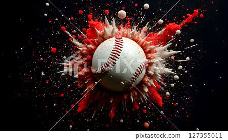 Baseball bursting through colorful splashes of paint in a dynamic and energetic display Baseball bursting through colorful splashes of paint in a dynamic and energetic display 127355011