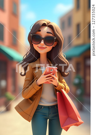 Woman enjoying a sunny day shopping in a vibrant market while using her smartphone Woman enjoying a sunny day shopping in a vibrant market while using her smartphone 127355024