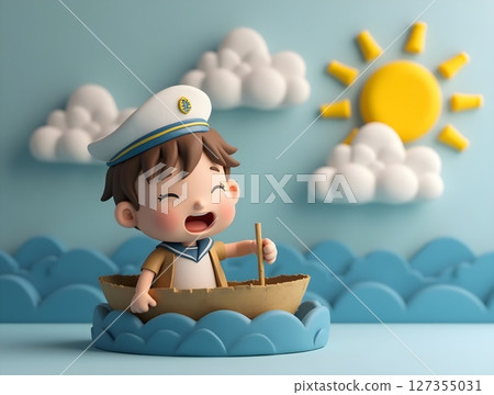 Child happily rowing a small boat under a sunny sky with cartoon-like clouds 127355031