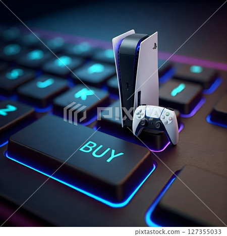 Gaming console and controller positioned on a backlit keyboard showcasing the purchase option for an online shopping experience 127355033