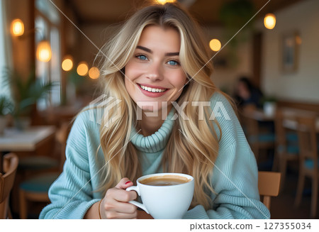 Young woman enjoying coffee in a cozy cafe with warm lighting and a relaxed atmosphere during the afternoon 127355034