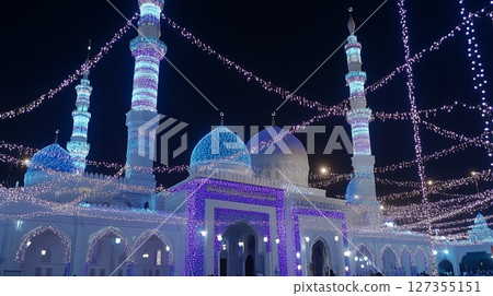 Illuminated Mosque Night Festive Lights Ramadan Decor White Blue Dome Hope Holy Islam Faith Stars 127355151