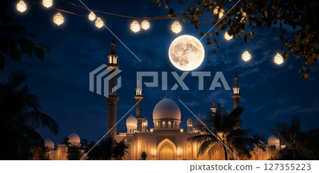 Majestic Mosque Night Scene Full Moon Illumination Peaceful Serenity Divine Architecture Islamic Majestic Mosque Night Scene Full Moon Illumination Peaceful Serenity Divine Architecture Islamic 127355223