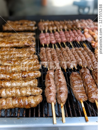 Delicious Grilled Sausages Kebabs Barbecue Food Summer Cookout Hot Meat Herb Meal Spicy Lunch Party 127355288