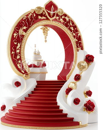 Elegant Red Gold Wedding Arch Staircase Roses Festive Design 3d rich decor event royal grand white 127355320