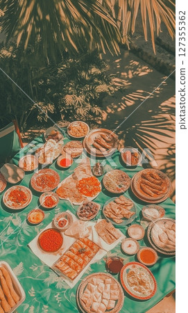 Delicious Middle Eastern Food Platter Sunny Outdoor Feast meal warm table bread lunch party tasty 127355362