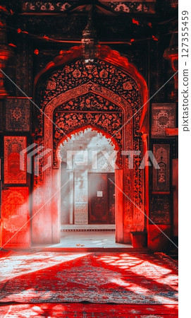Red Mosque Intricate Architecture Ancient Doorway Sunlight Rug Asia Iran Wall Stone India Floor 127355459