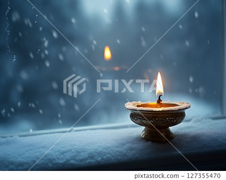 Golden Candlelight Winter Snow Scene Peaceful Atmosphere Cozy Home oil fire life calm warm hope cold 127355470