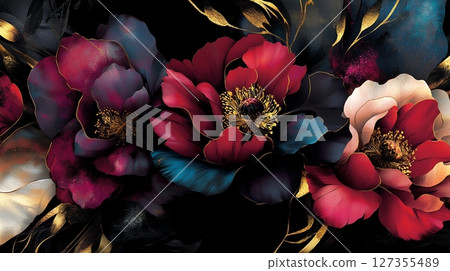 Dark Romantic Floral Bouquet Rich Jewel Tones Elegant Flowers Painting Artistic Botanical 127355489
