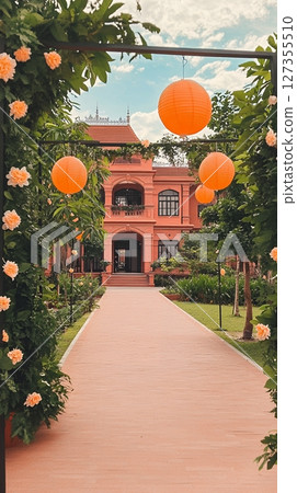 Beautiful Peach Building Pathway Orange Lanterns Flowers sky red calm warm decor house plant brick 127355510