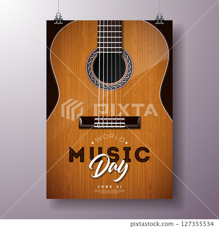 World Music Day Flyer Illustration with Acoustic Guitar and Typography Letter on Black Background. Vector International June 21 Festival Design Template for Post Card, Greeting Card, Holiday Poster World Music Day Flyer Illustration with Acoustic Guitar and Typography Letter on Black Background. Vector International June 21 Festival Design Template for Post Card, Greeting Card, Holiday Poster 127355534