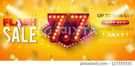 7 July Shopping Day Flash Sale Design with 3d 7.7 Number, Light Bulb Billboard and Typography Lettering on Yellow Background. Vector Summer Special Offer 50 Percent Off Campaign Discount Illustration 7 July Shopping Day Flash Sale Design with 3d 7.7 Number, Light Bulb Billboard and Typography Lettering on Yellow Background. Vector Summer Special Offer 50 Percent Off Campaign Discount Illustration 127355535