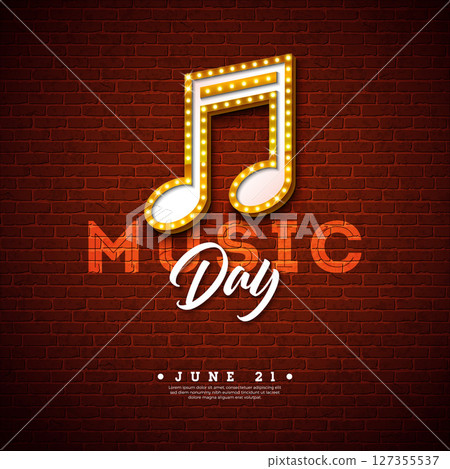 World Music Day Banner Illustration with Light Bulb Signboard Musical Notes and Typography Letter on Vintage Brick Wall Background. Vector International June 21 Festival Design Template for Post Card 127355537