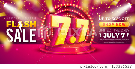 7 July Shopping Day Flash Sale Design with 3d 7.7 Multilayer Number, Light Bulb Billboard and Stage Podium on Red Background. Vector Summer Special Offer 50 Percent Off Campaign Discount Illustration 127355538