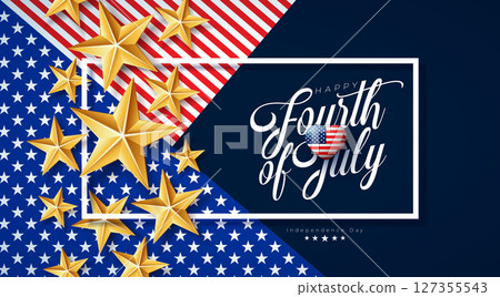 4th of July Independence Day of the USA Vector Illustration with Gold Star and Typography Letter on American Flag Pattern Background. Fourth of July National Celebration Design for Banner, Greeting 4th of July Independence Day of the USA Vector Illustration with Gold Star and Typography Letter on American Flag Pattern Background. Fourth of July National Celebration Design for Banner, Greeting 127355543