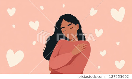Illustration of Woman Hugging Herself with Hearts Symbolizing Self-Love 127355602
