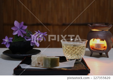 Tea incense burner and Japanese sweets 127355620