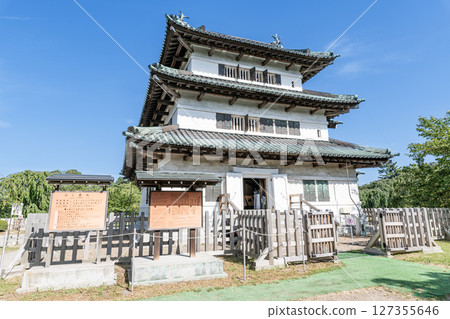 Hirosaki Castle, the only surviving castle tower in the Tohoku region, under a summer blue sky 127355646