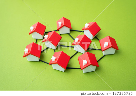 Houses connected in a network by lines. Neighborhood, community. Laying out internet or communications. Connectivity, community building. Houses connected in a network by lines. Neighborhood, community. Laying out internet or communications. Connectivity, community building. 127355785