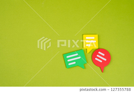 Colored dialogue bubbles. Announcement of a meeting for communication and discussion. Invitation or announcement for meetings, discussions, and group communication. Colored dialogue bubbles. Announcement of a meeting for communication and discussion. Invitation or announcement for meetings, discussions, and group communication. 127355788