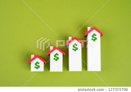 Houses with dollar signs lined up as a rising trend chart. Rising Housing and real estate Prices. Investing and Profitability. Increasing property prices, investment returns Houses with dollar signs lined up as a rising trend chart. Rising Housing and real estate Prices. Investing and Profitability. Increasing property prices, investment returns 127355790