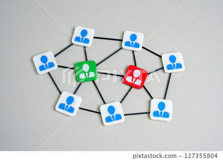 Two opposing camps in a corporate network. Centers of attraction and power. Struggle for leadership. Rivalry. Competition for leadership in a corporate environment. 127355804