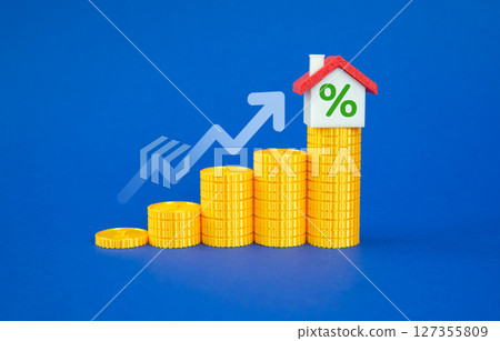 House with percentage on top of stacks of coins. Real estate appreciation and return on investment. Profit from investment. Profitable property ownership. 127355809
