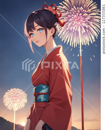 一位身穿浴衣的女性參加煙火表演 127355861