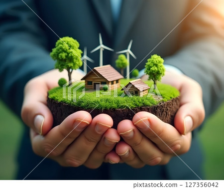 Hands carry a sustainable miniature landscape with houses, trees, and wind turbines showcasing eco-friendly living Hands carry a sustainable miniature landscape with houses, trees, and wind turbines showcasing eco-friendly living 127356042