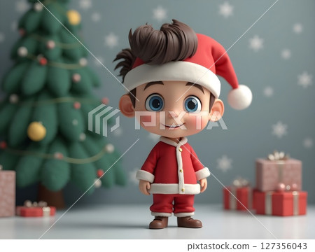 Cheerful child in Santa outfit stands beside a decorated Christmas tree with gifts in a cozy, festive setting Cheerful child in Santa outfit stands beside a decorated Christmas tree with gifts in a cozy, festive setting 127356043
